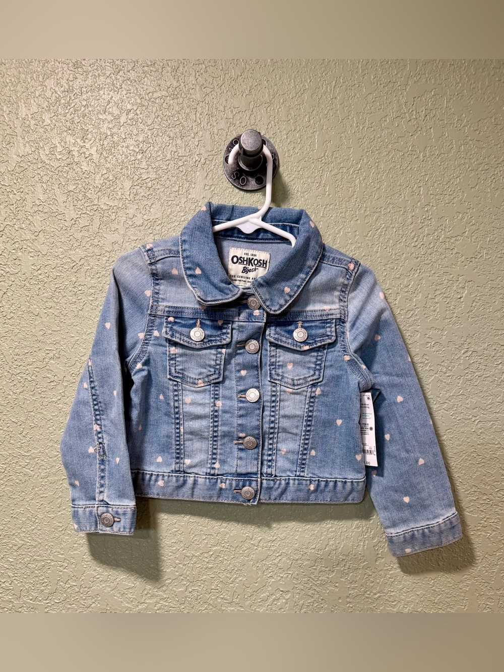 OshKosh B'gosh Light Blue Denim Jacket with Pink Heart Print NWT 2T